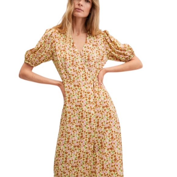 NWT Mango boho butter yellow floral print balloon sleeve wrap midi dress XS - Picture 1 of 17